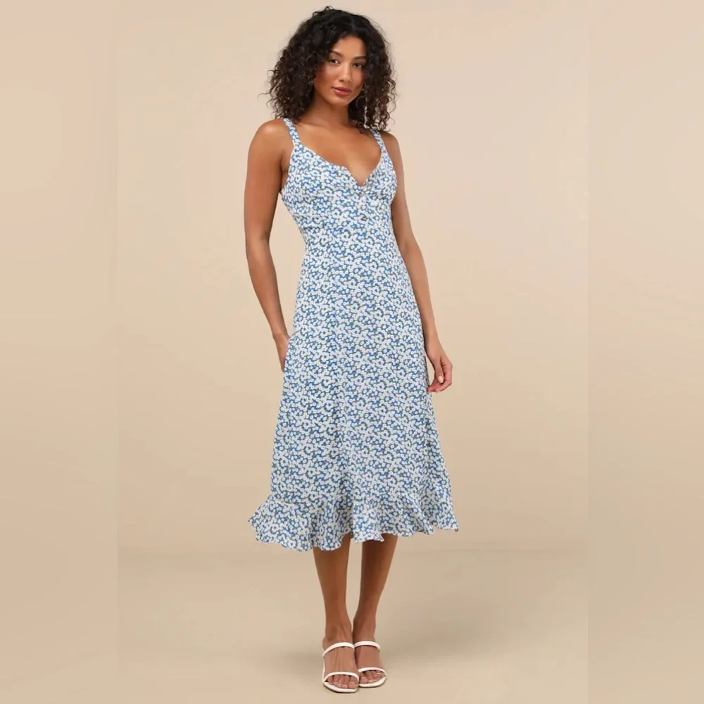 Lulus Darling Daisies Blue Floral Print Midi Dress - Size M - Picture 3 of 11